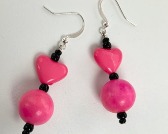 Bright Pink Heart  Dangly Earrings