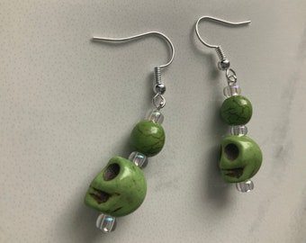 Green Skull Bead Dangle Earrings