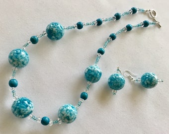 Turquiose blue beaded necklace with matching earrings