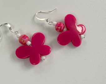 Pretty Bright Pink Dangly Butterfly Earrings