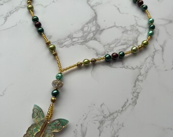 Green Beaded Necklace with a Butterfly Pendant
