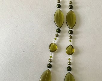 Long green beaded necklace and earring set