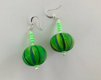 Chunky Green Striped Bead Earrings