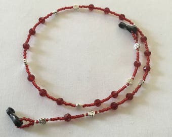 Silver leaf red beaded  spectacle/glasses chain