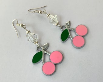 Pink Cherries Dangly Earrings