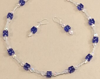Bright Blue Dice Necklace and Earring Set