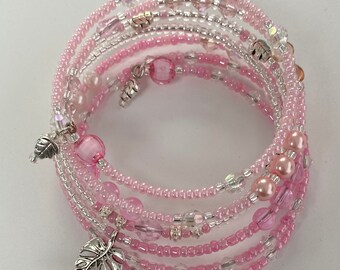 Pink Bead Leaf Charm Memory Bracelet