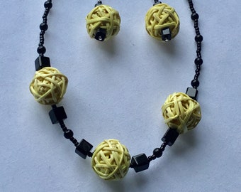 Chunky yellow bead and black necklace and earring set