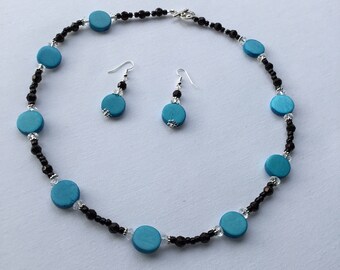Black and  Blue beaded necklace and earrings