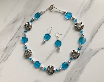 Beautiful Blue Bead Necklace  and Matching Earrings