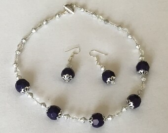 Deep Purple and Crystal Bead necklace and Earring Set