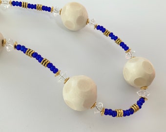 Bright Blue and Chunky Cream Bead Necklace