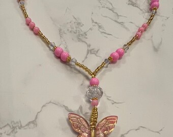Pink Bead Butterfly Pendant Necklace