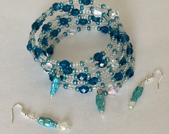 Owl pendant Blue memory bracelet and earrings