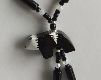 Bear pendant black and white beaded necklace