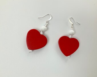 Bright Red Dangly Heart Earrings