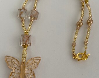 Beaded Necklace with Butterfly Pendant