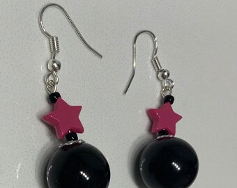 Pink Star and Black Bead Earrings