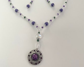 Purple Pendant Necklace and Earrings