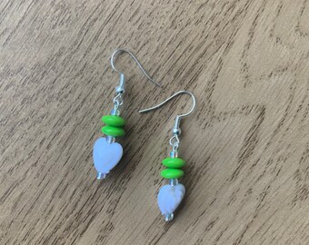 White Heart Green Dangle Earrings