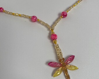 Pink Beaded Necklace with a Dragonfly Pendant