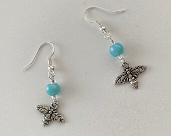 Blue Bead Dangle Bee Earrings