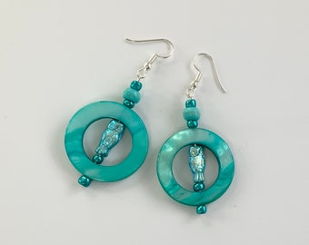 Turquoise-Owl in Hoop Dangle Earrings