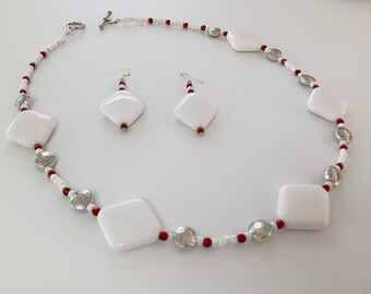 White white Red Bead Necklace and Earrings