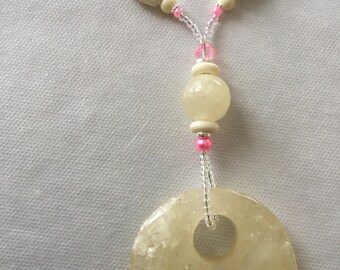 Large pendant Cream and pale pink beaded necklace