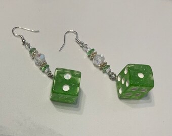 Chunky Green Dice Dangle Earrings
