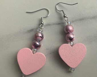 Large Pink Heart Dangly Earrings