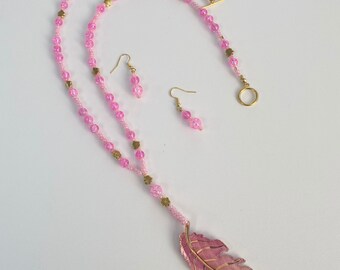 Pink Leaf Pendant Necklace and Earrings