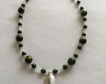 Large antique silver plated feather pendant necklace