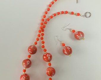 Bright Orange Beaded Necklace and Earrings