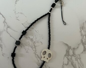 Black Bead white Skull Phone Charm