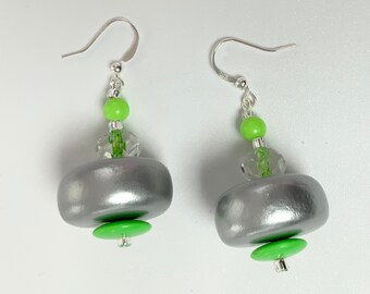 Green and Silver Dangle Earrings