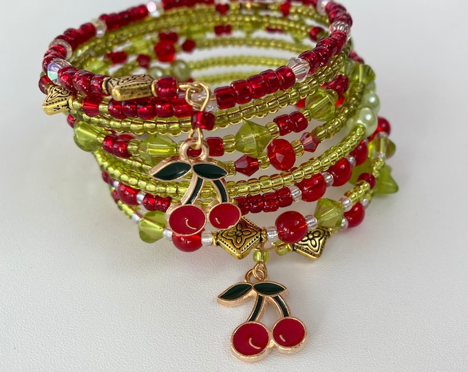 Featured listing image: Pretty Red and Green Memory Wire Bracelet
