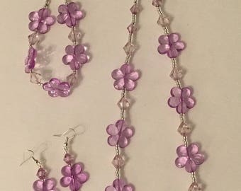 Purple flower beaded jewellery set