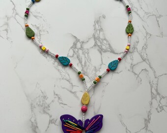 Bright Bead Butterfly Pendant Necklace