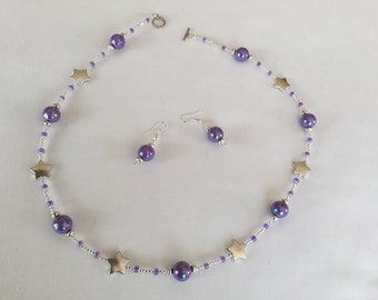 Beaded pretty purple necklace with matching earrings