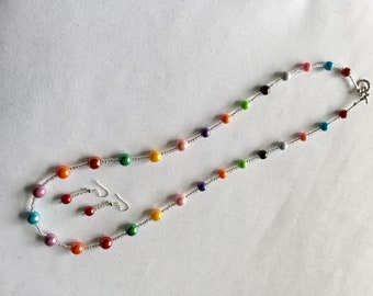 Colourful beaded necklace and earring set