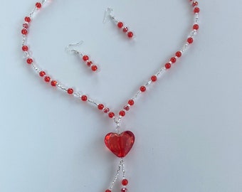 Red Bead Heart Necklace and Earrings