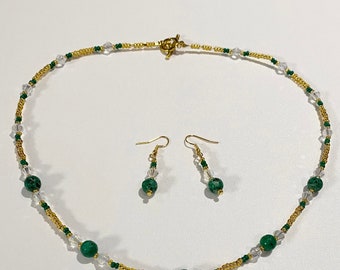 Green and Sparkle Bead Necklace and Earrings
