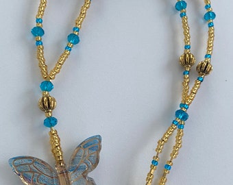 Blue Bead Necklace with a Butterfly Pendant
