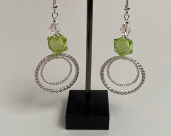 Green Bead Silver Hoop Dangly Earrings
