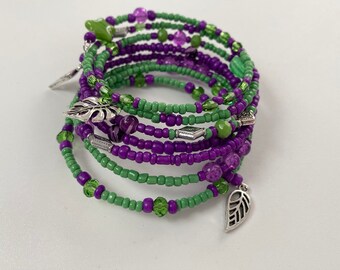 Purple and Green Bead Leaf Charm Memory Bracelet