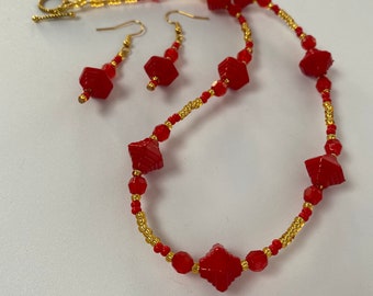 Bright Red Bead Necklace and Earrings