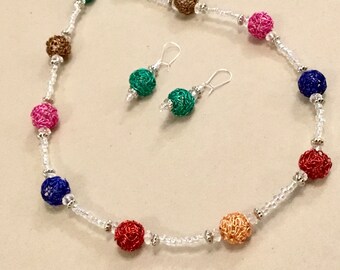 Colourful Wire Bead Necklace with Earrings