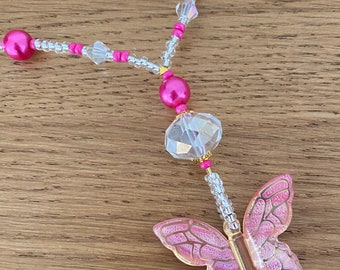 Pink Beaded Necklace with a Butterfly Pendant
