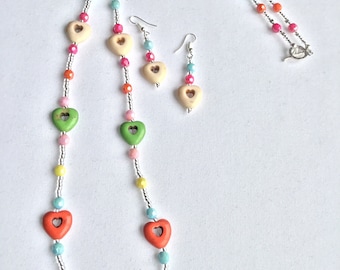 Colourful Heart Bead Necklace & Earrings